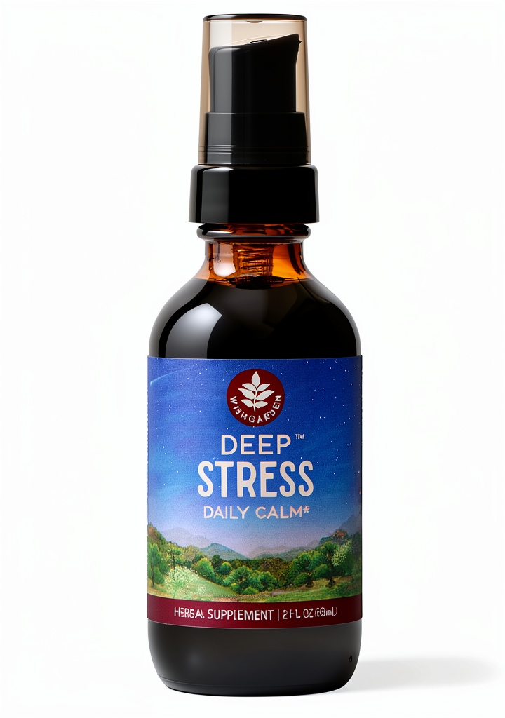 WishGarden Deep Stress liquid tincture bottle on a natural background