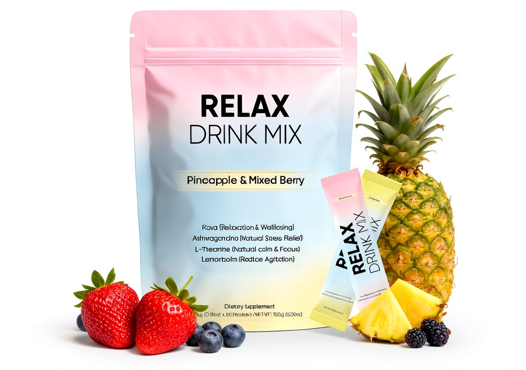 Relax Calming Drink Mix sachets displayed on a table