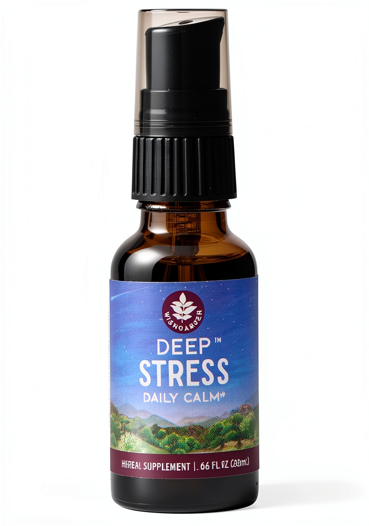 WishGarden Deep Stress liquid herbal supplement bottle on a natural background