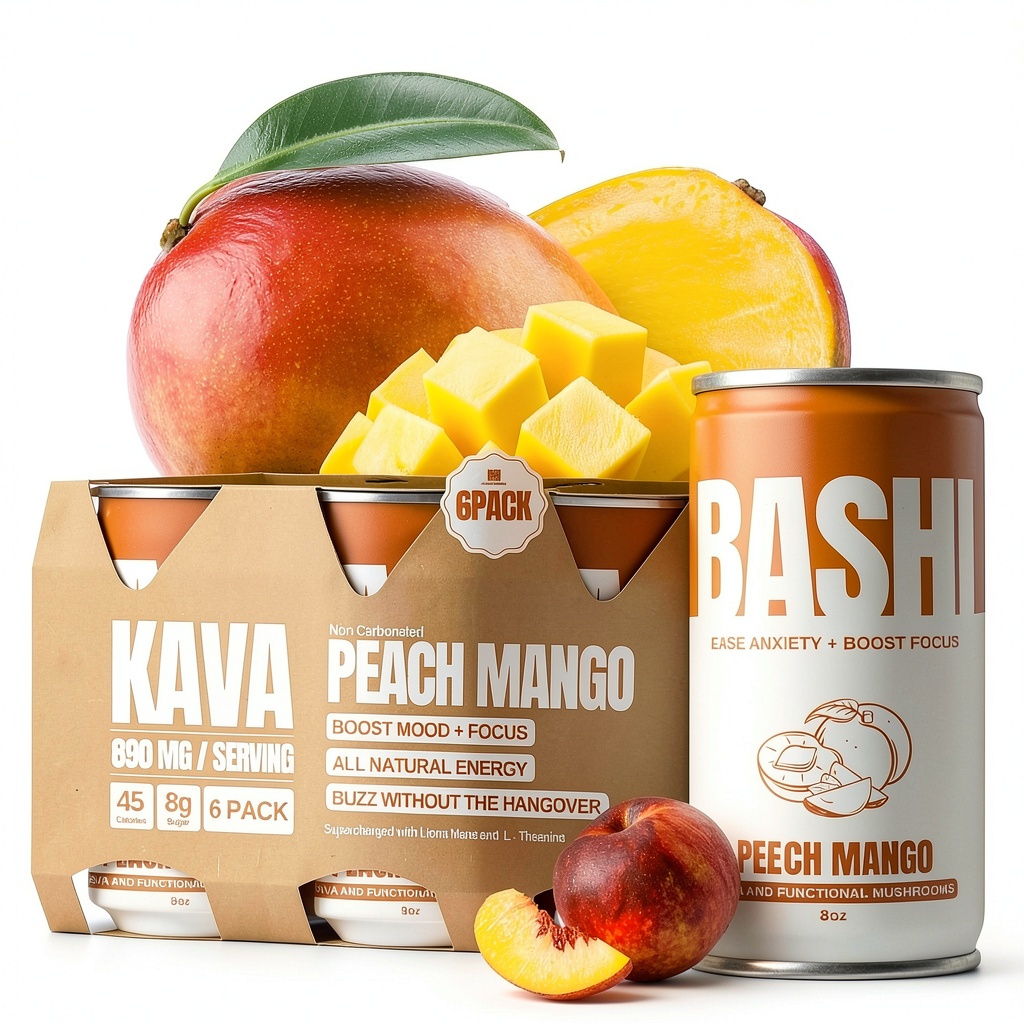 Bashi Kava Drink cans displayed on a relaxing table setting