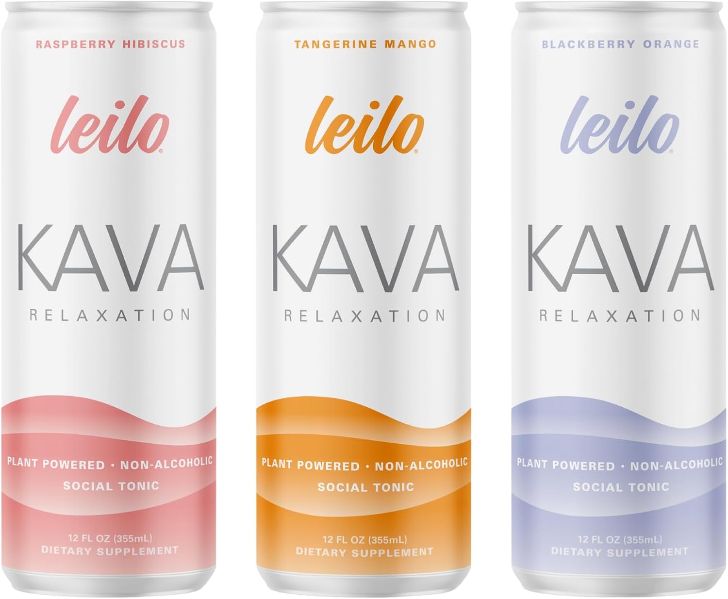 Leilo kava drink cans displayed in various flavors