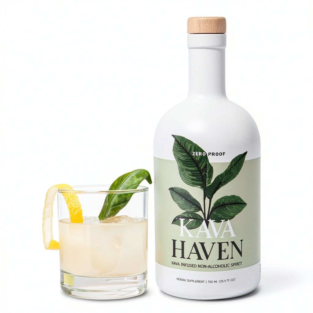Kava Haven Non Alcoholic Spirit bottle on a wooden bar counter with cocktail tools