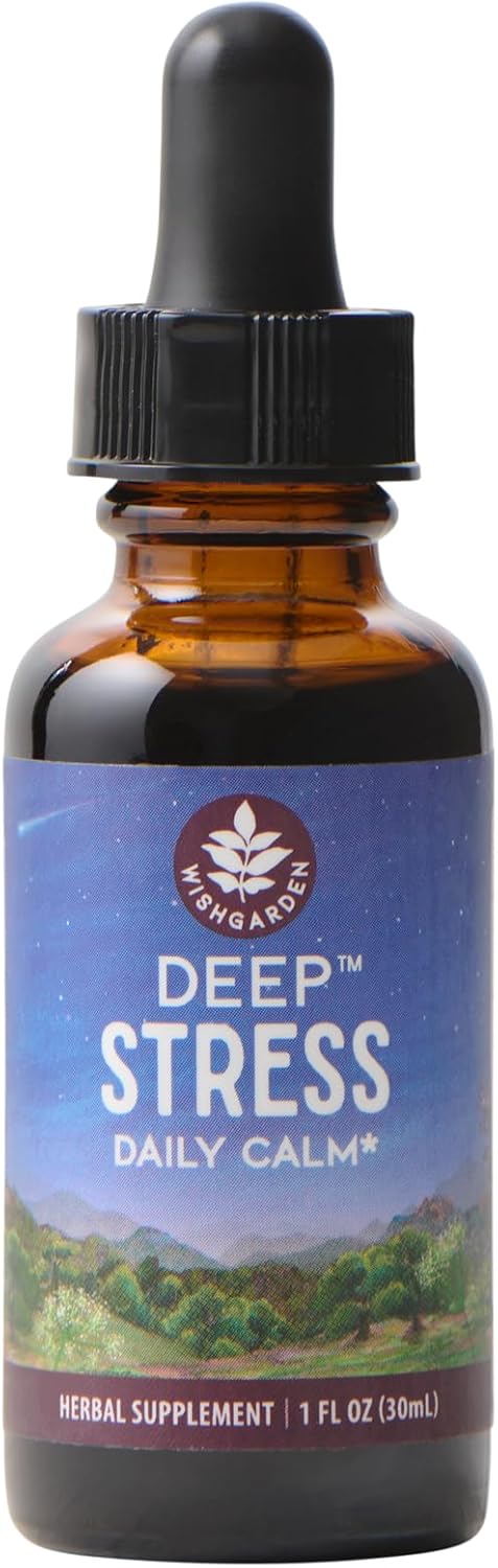 WishGarden Deep Stress liquid tincture bottle on a natural background