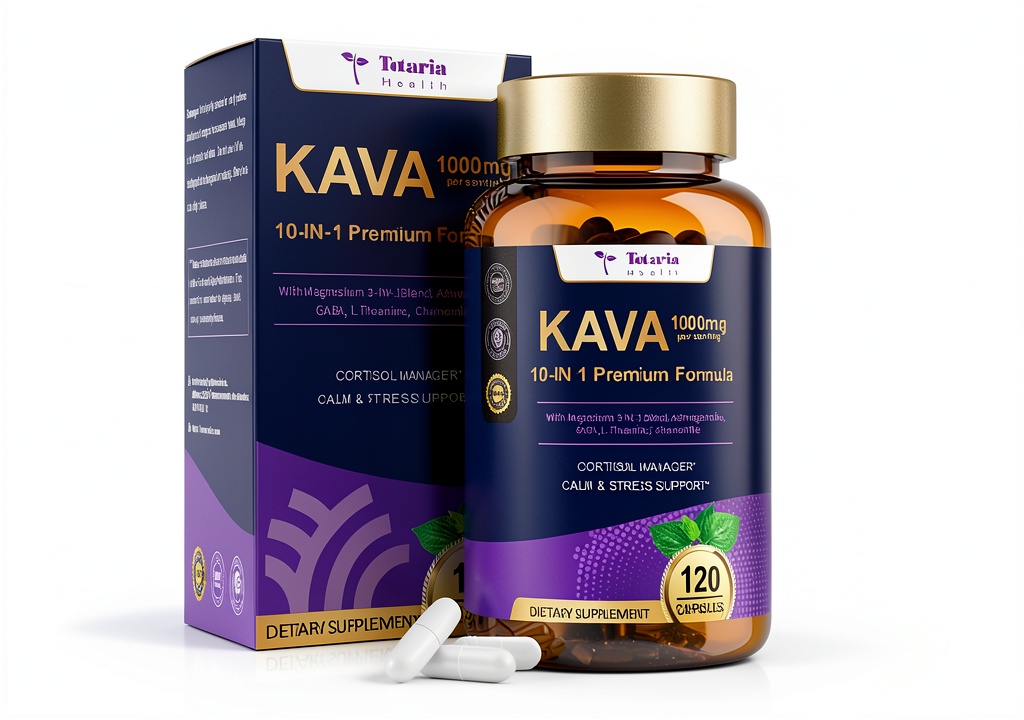 'Totaria Kava Supplement bottle showing ingredients and capsule form'