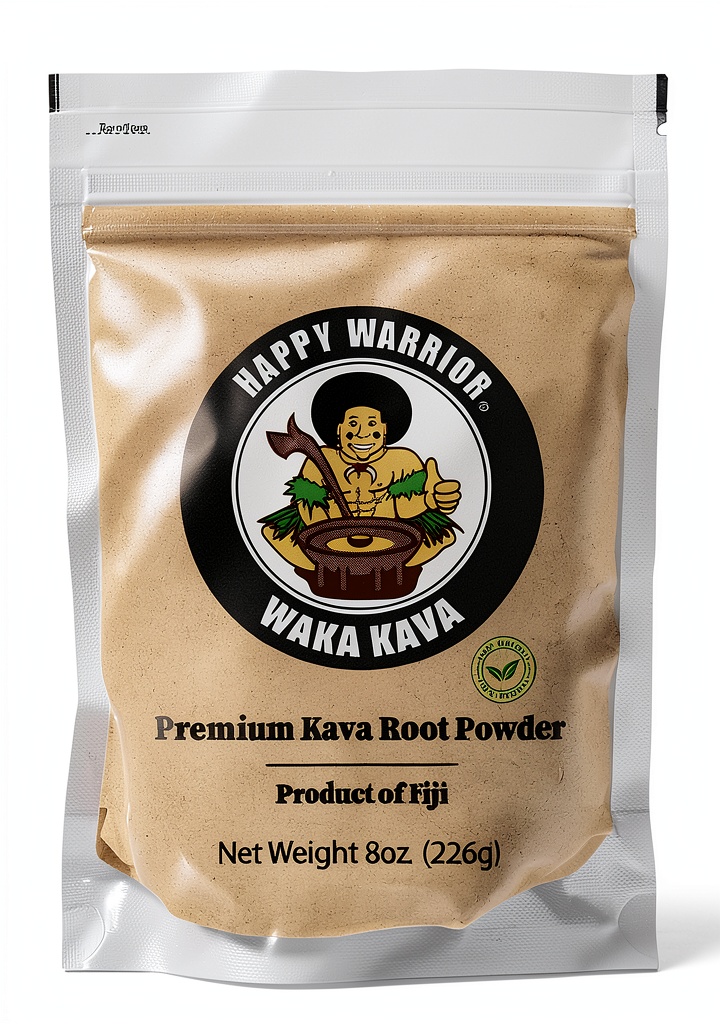 'Happy Warrior Kava package showing fine powder and natural color'