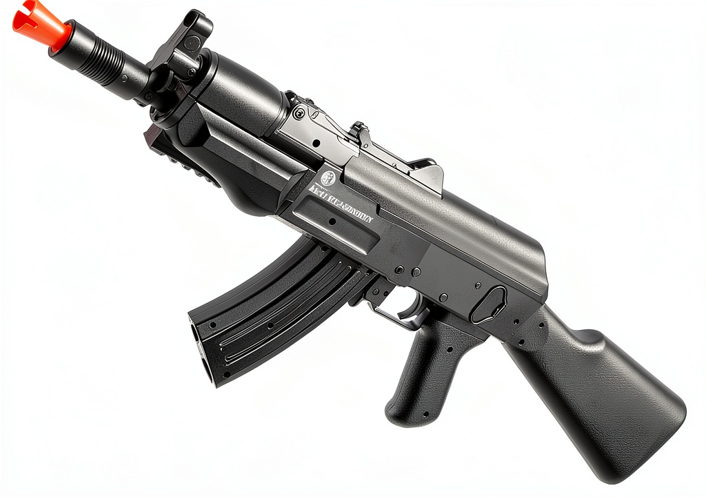 Evike AK-47B airsoft rifle in tactical gear on a forest backdrop